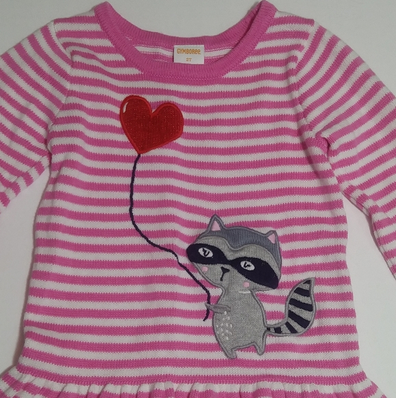 GYMBOREE 2T Racoon Sweater Dress Pink White Stripe - Picture 2 of 6
